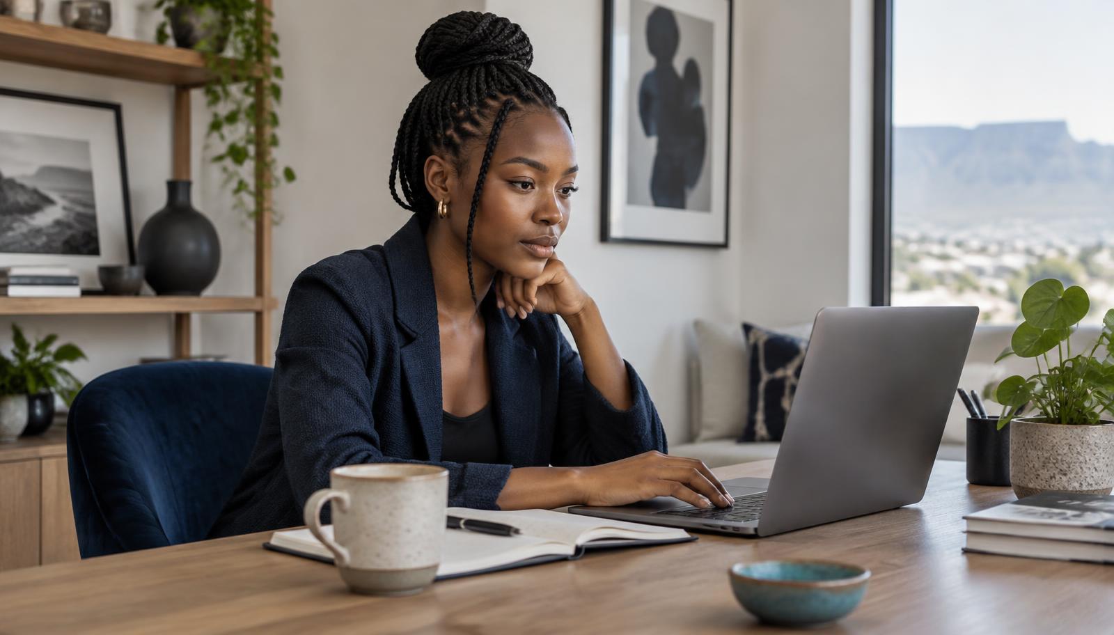 A South African remote assistant working from a bright home office